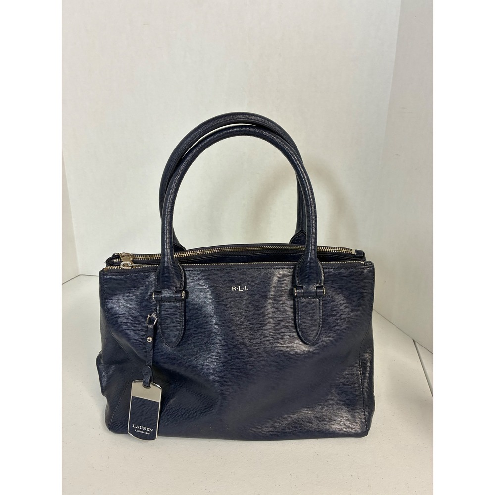 Lauren Ralph Lauren Navy Blue Saffiano Leather Satchel Handbag Silver Hardware